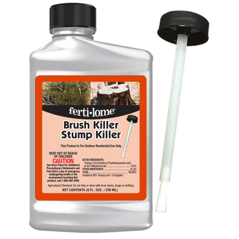 Fertilome stump killer with brush applicator shown for direct stump treatment.