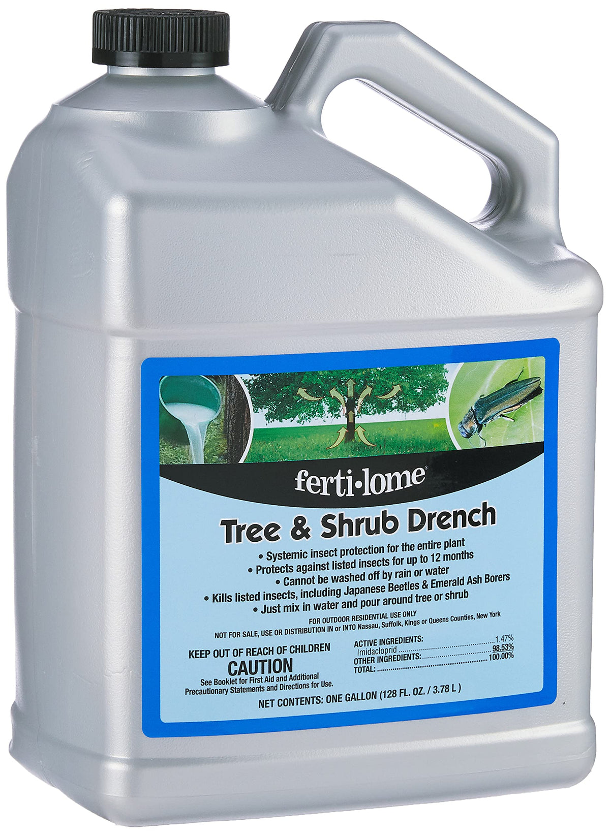 Fertilome Tree and Shrub Systemic Drench bottle protecting trees from pests.