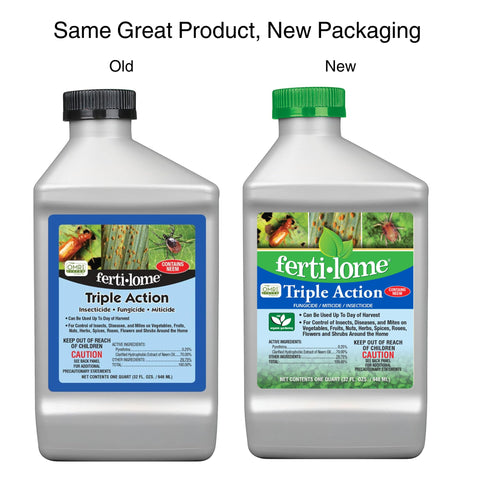 Ferti-lome Triple Action 32oz spray illustrates ready-to-use coverage for diverse crops.