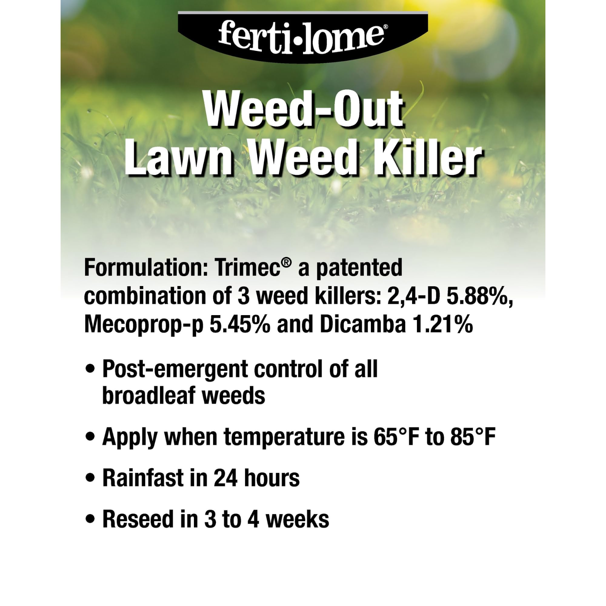 Ferti-lome Weed-Out label close-up shows weed targets and usage guidance.