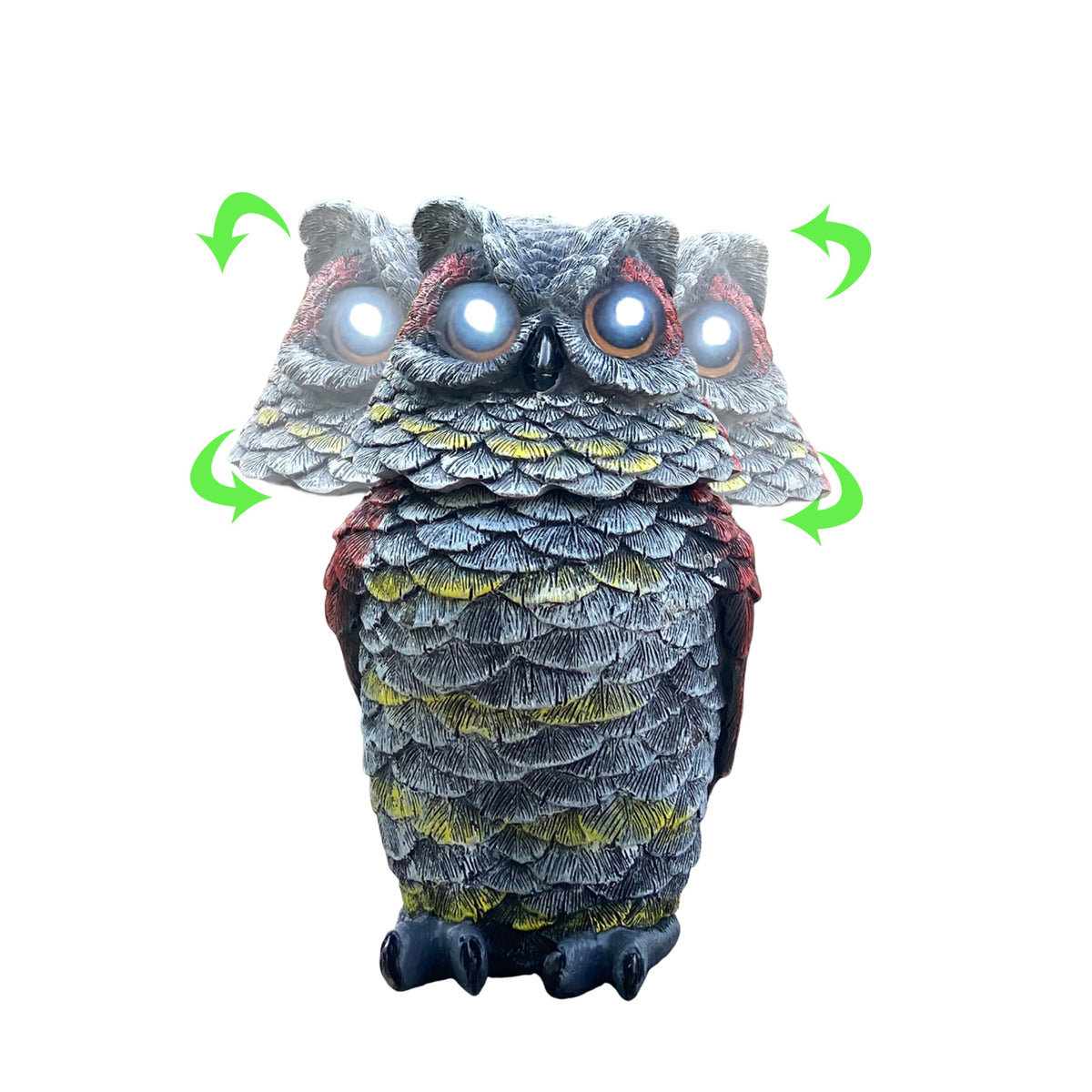 FESTGLOX solar owl decoy with rotating head deters birds from garden beds.