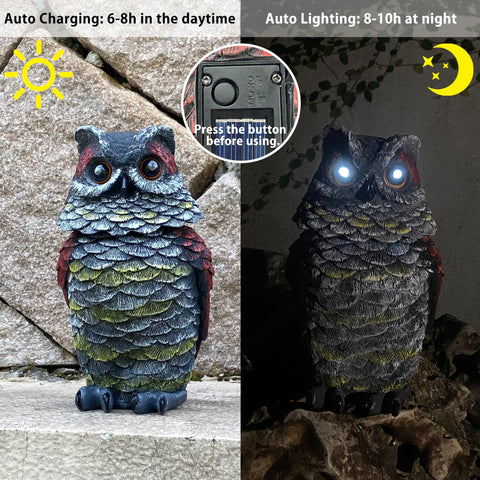 FESTGLOX owl eyes glow at dusk for ongoing bird deterrence.