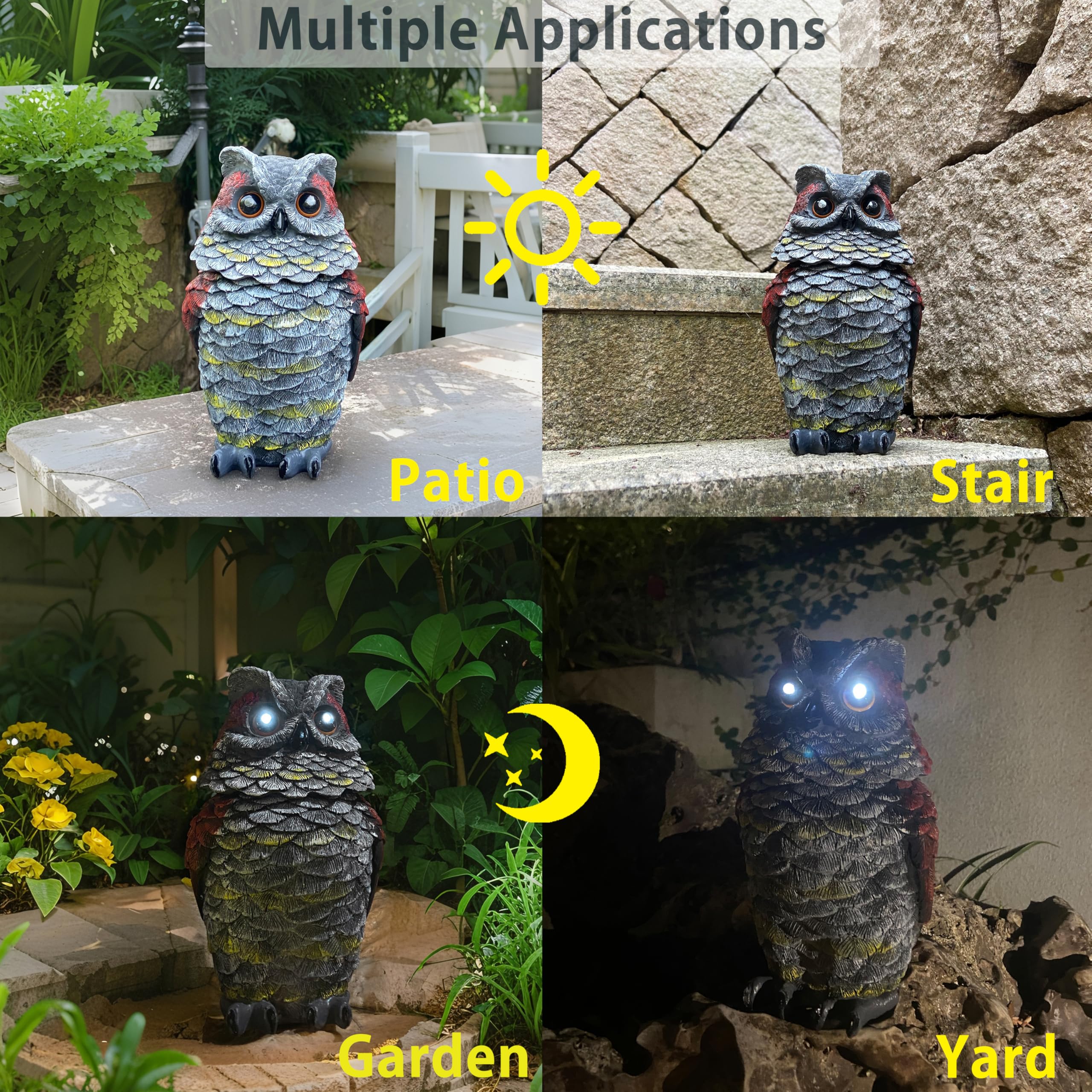 FESTGLOX owl deterrent uses solar power for eyes illumination.