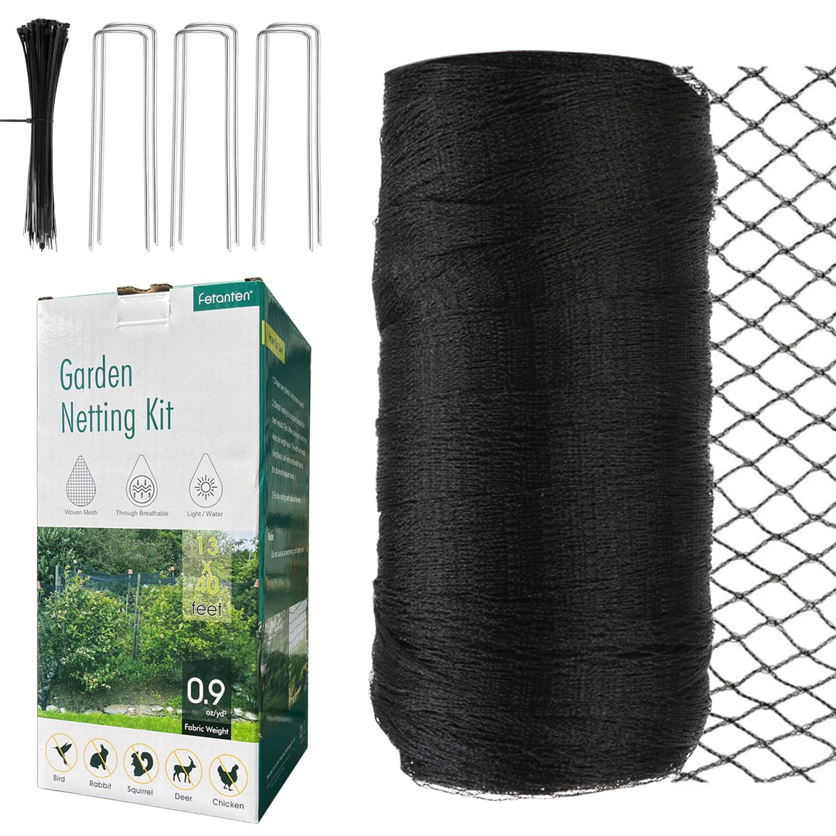 Fetanten bird netting 13x40 ft kit for easy garden protection from birds.