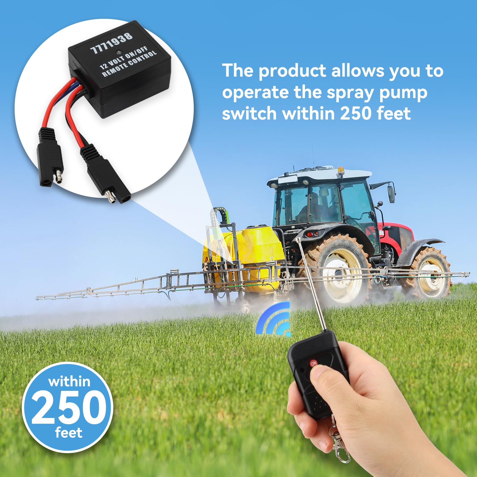 Fetomc remote works with agricultural spray pumps and lawn tractors for versatile use.