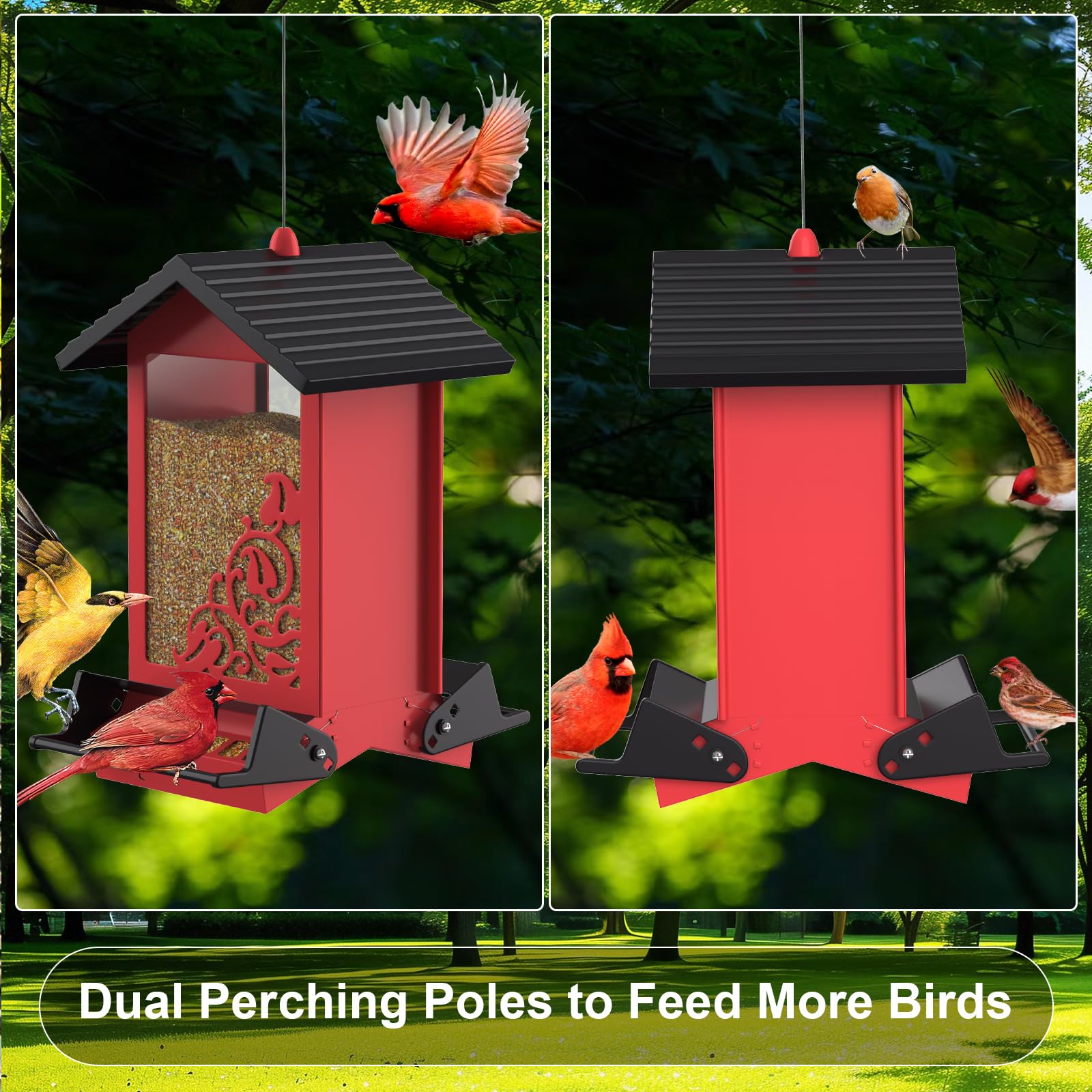 FETUSI red finish adds garden charm while feeding birds.