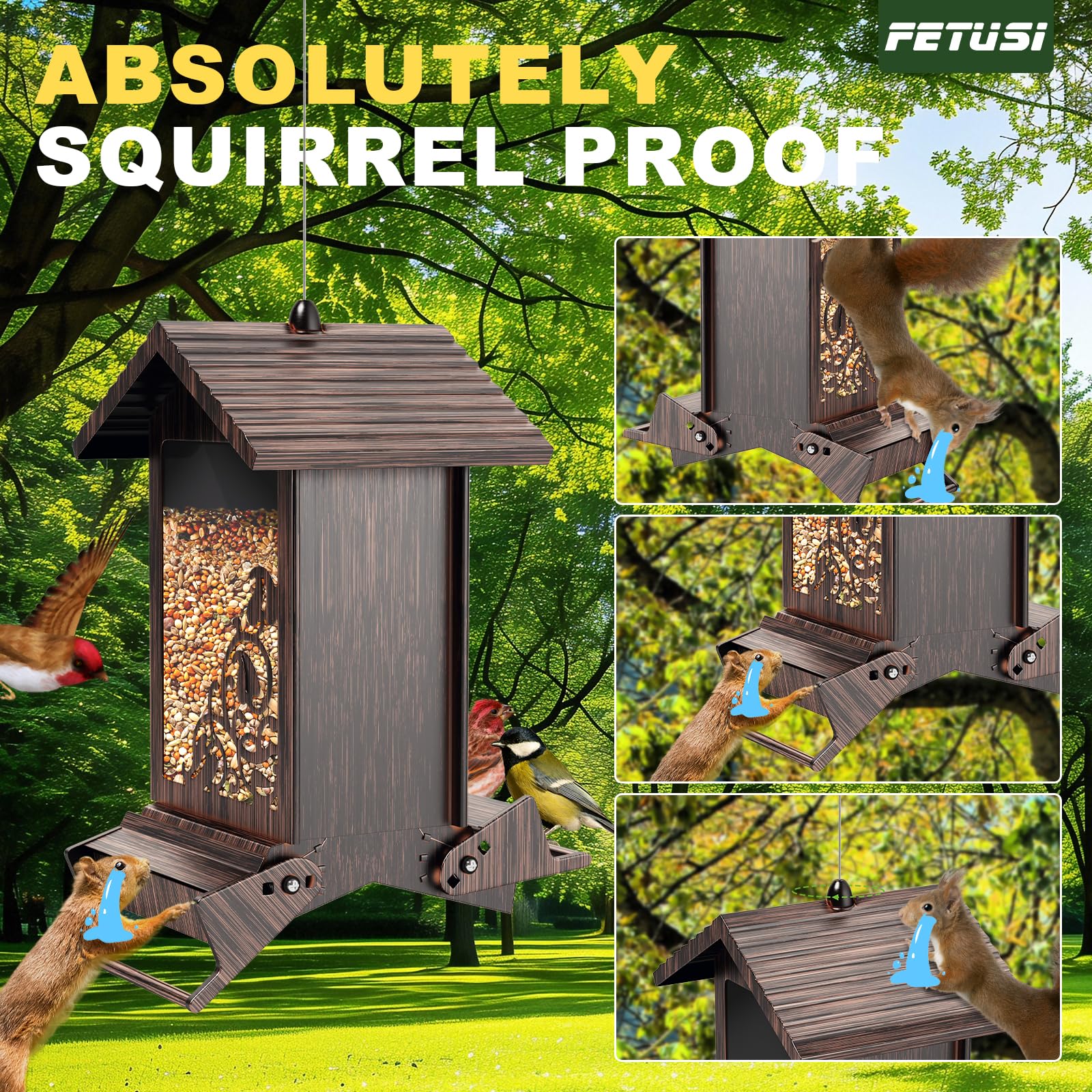 FETUSI Weight-activated perches prevent access by intruders while birds feed.