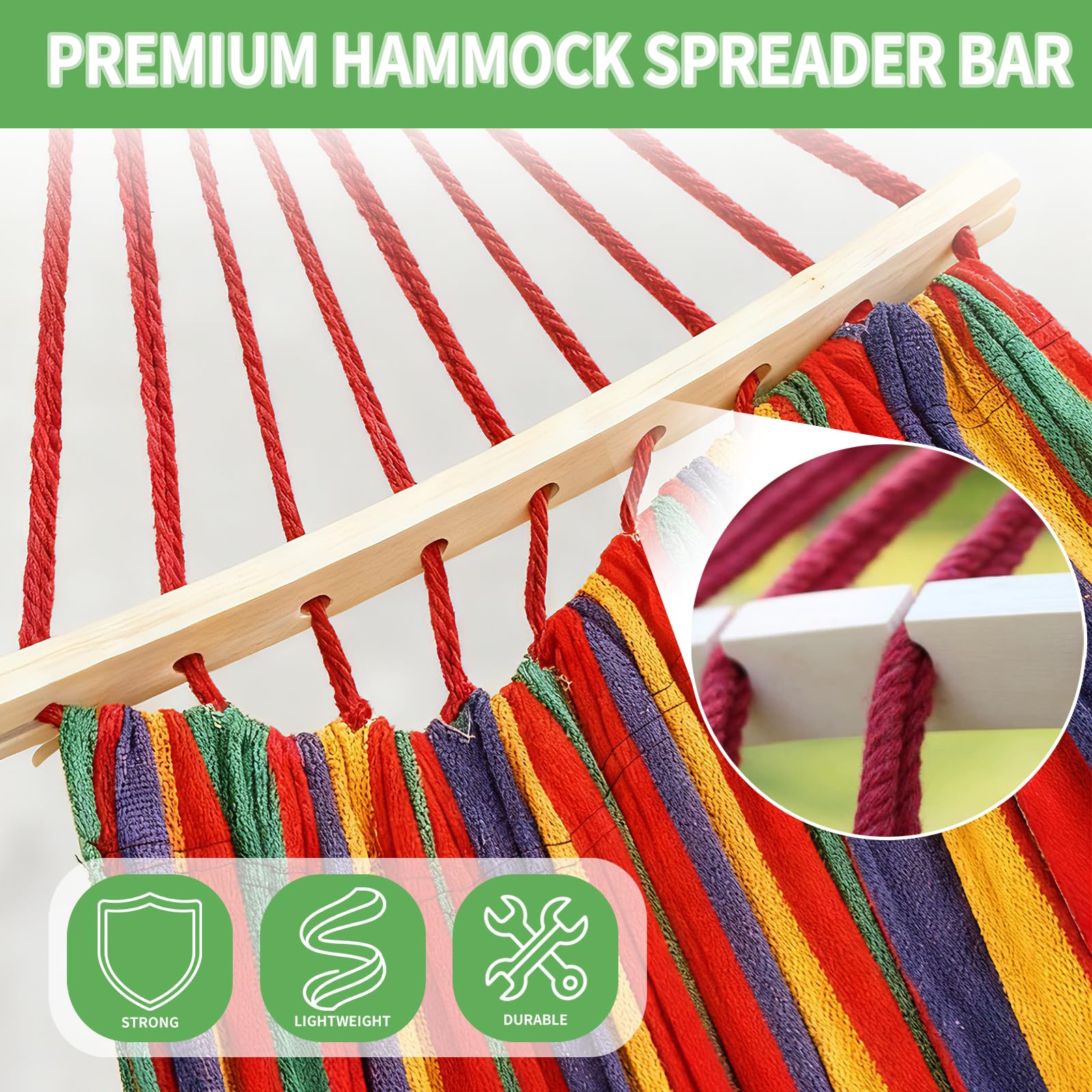 Fevbcnrj wooden hammock spreader bar closeup showing sturdy construction for durable garden use.