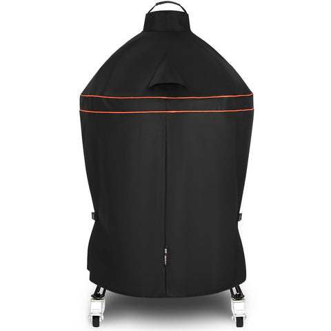 FEVERCOVER grill cover on Kamado Joe Classic Joe, front view protecting against rain and wind.
