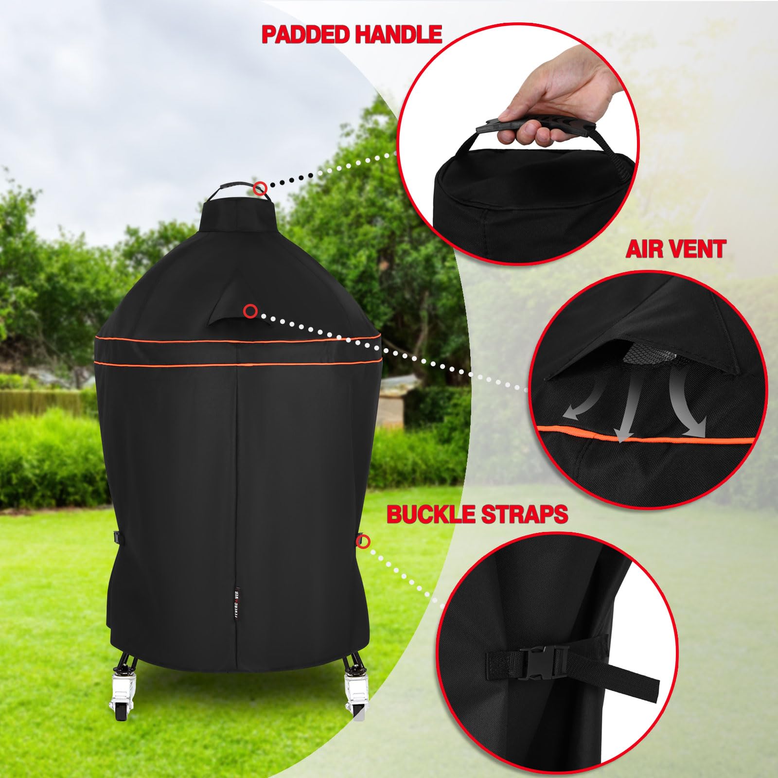FEVERCOVER grill cover detail shows waterproof coating and anti-tear performance.