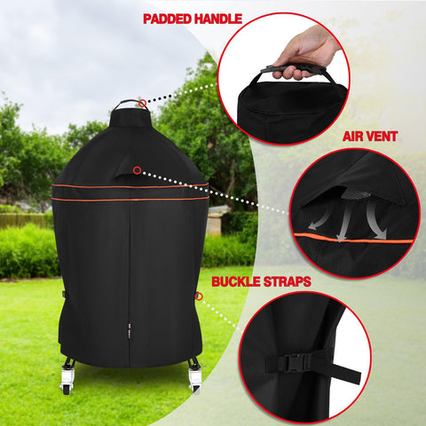FEVERCOVER grill cover detail shows waterproof coating and anti-tear performance.