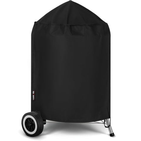 FEVERCOVER grill cover on Weber 22-inch charcoal kettle protects against rain and dust.
