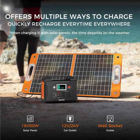 FF Flashfish 200W recharging options include wall, car, and solar charging