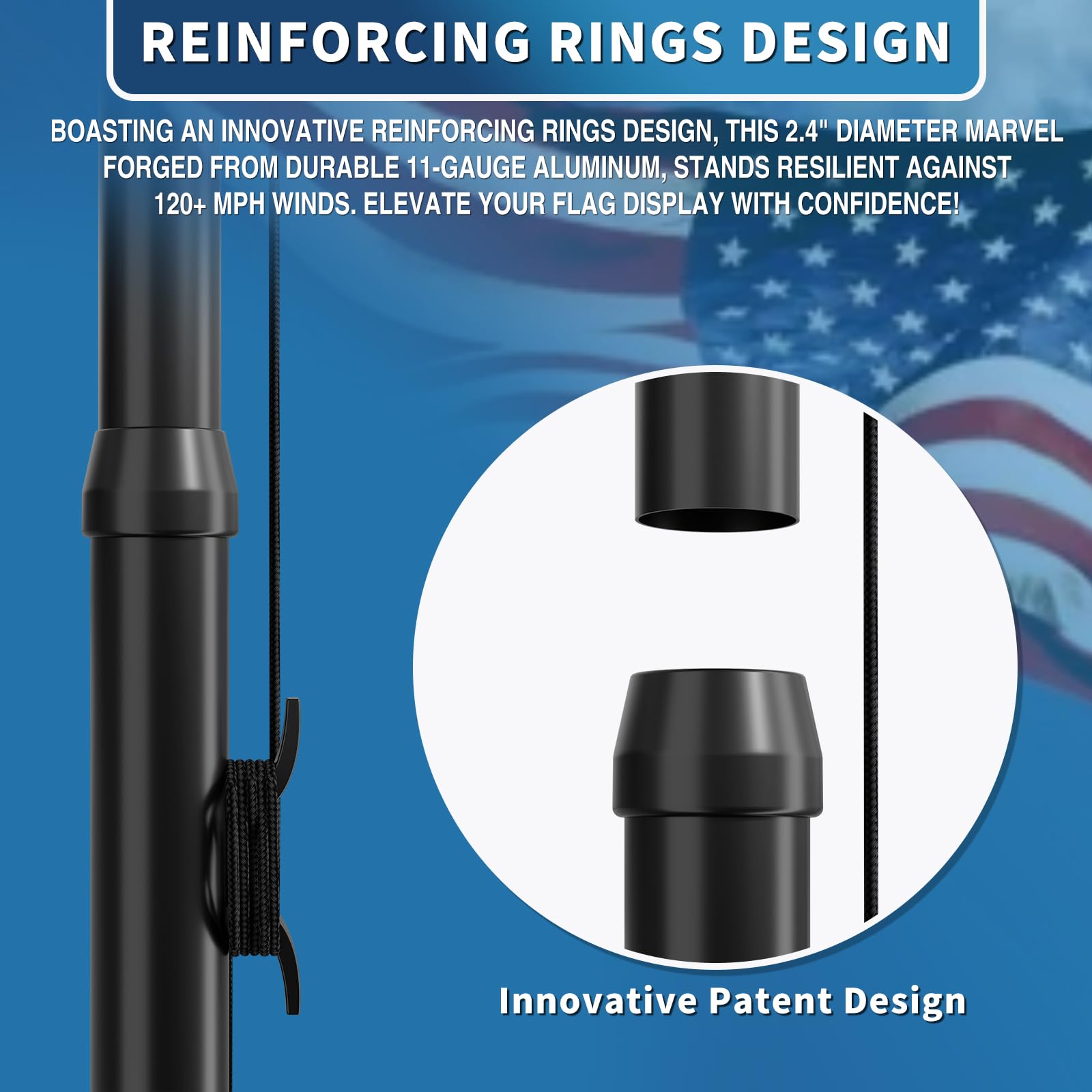 FFILY 11-gauge flagpole highlights thick strength against bending.