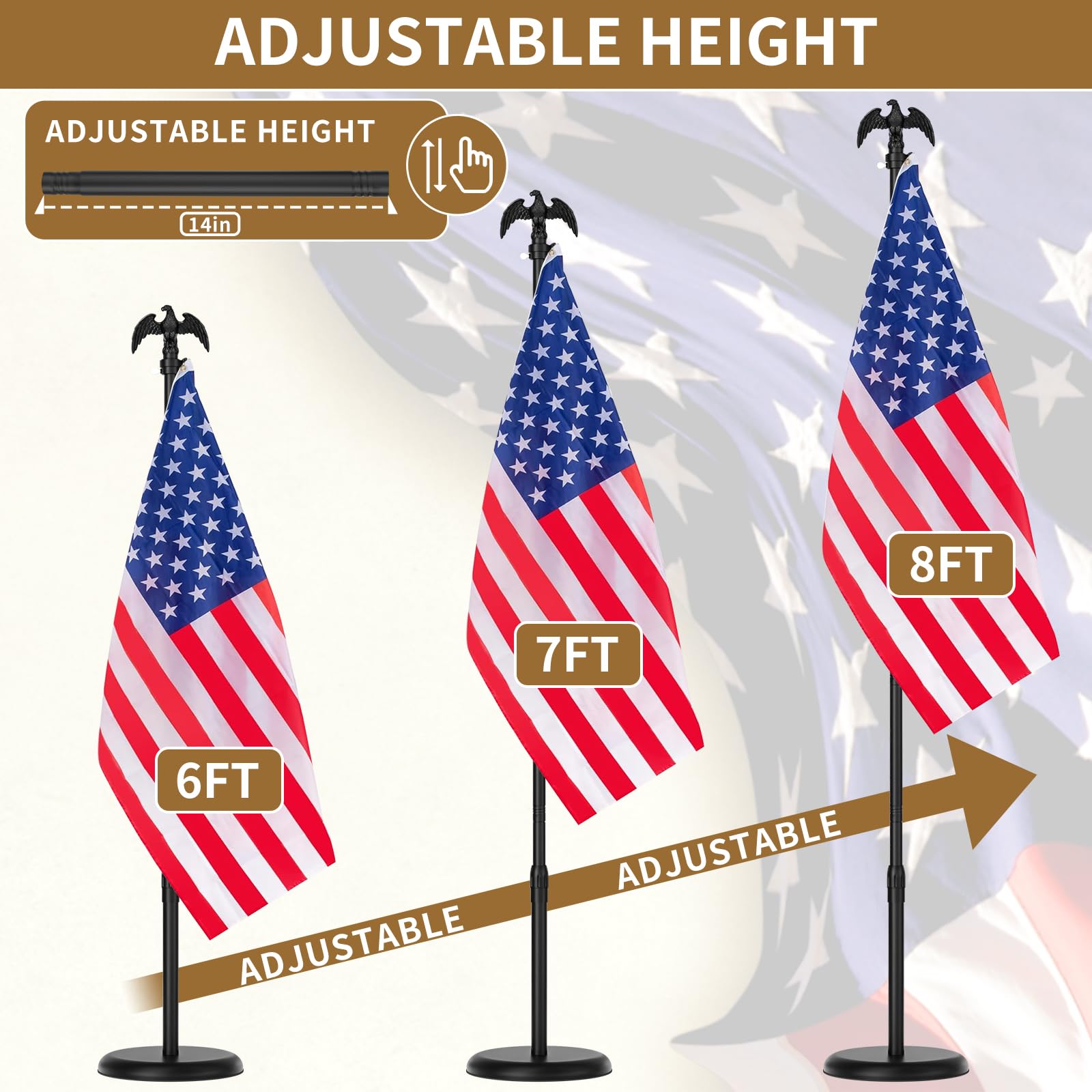 FFILY adjustable-height flag pole adapts to various room heights and occasions.