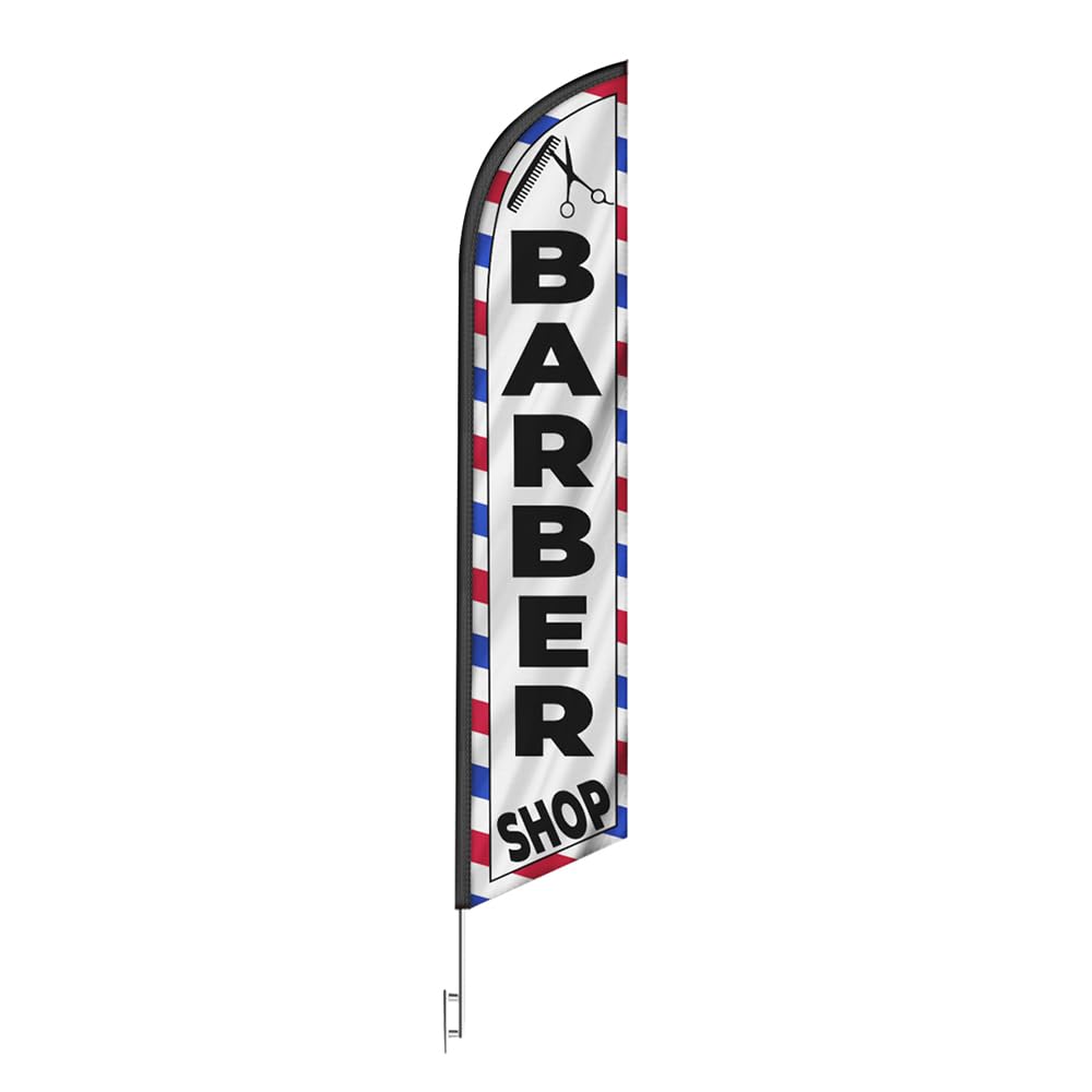 FFN Barber Shop flag on sidewalk improving street-level visibility.