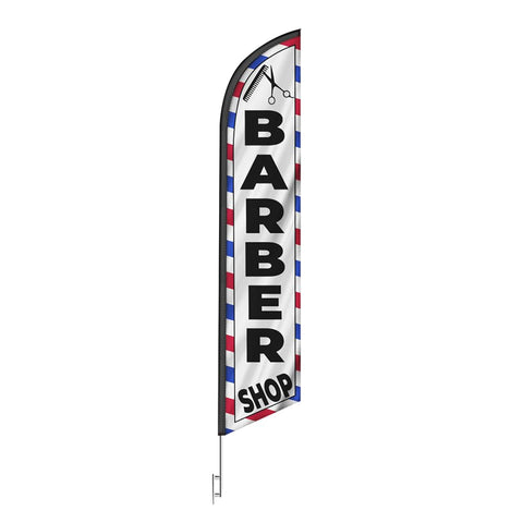 FFN Barber Shop flag on sidewalk improving street-level visibility.