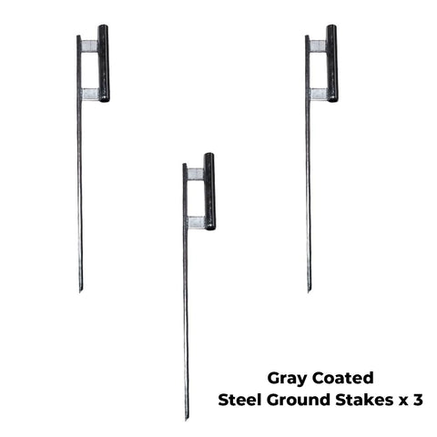 FFN ground stake with grey coating anchored in dirt for stable mounting.