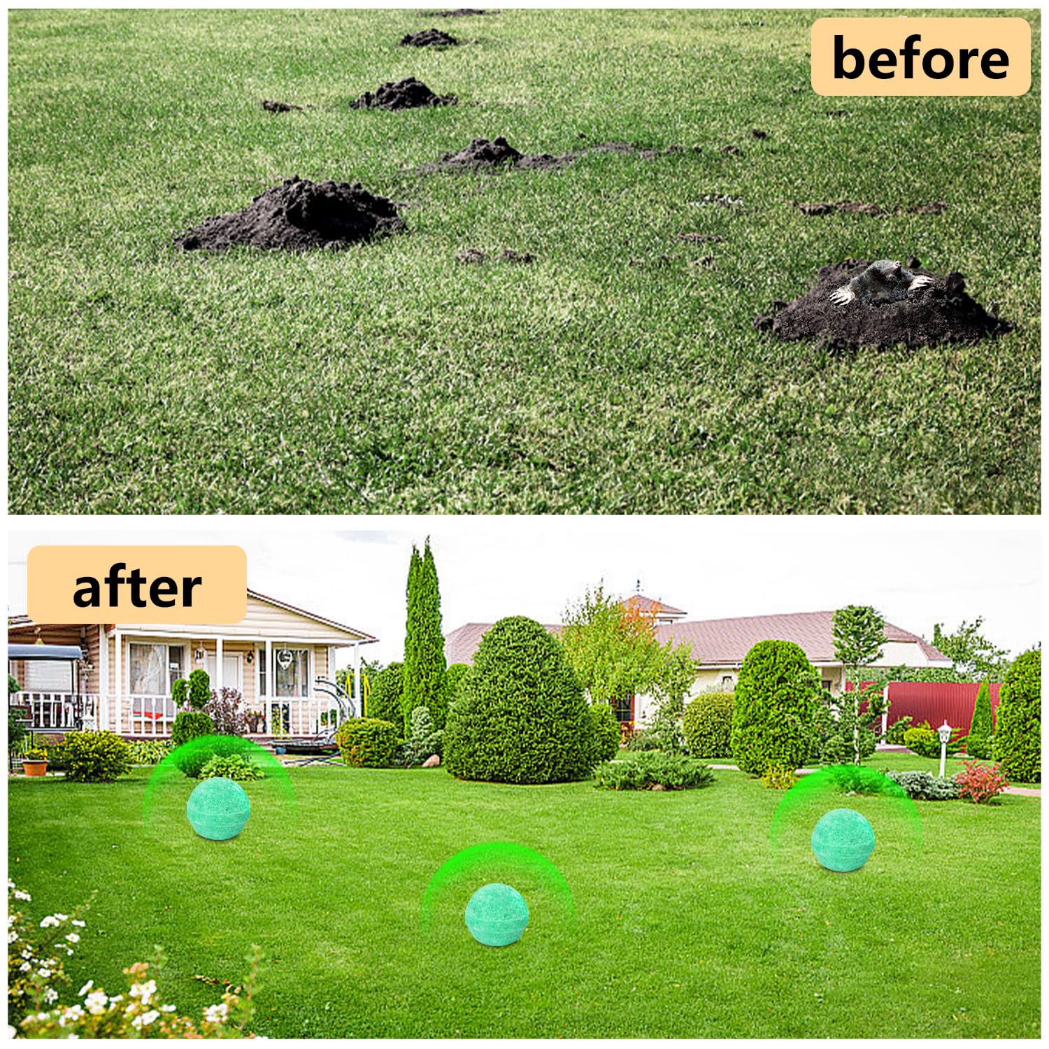 FfordHome Mole Repellent 8-ball pack ready for perimeter protection.