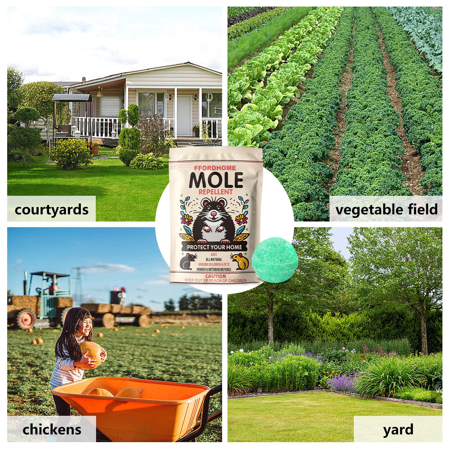 FfordHome Mole Repellent being applied with gloves for garden safety.