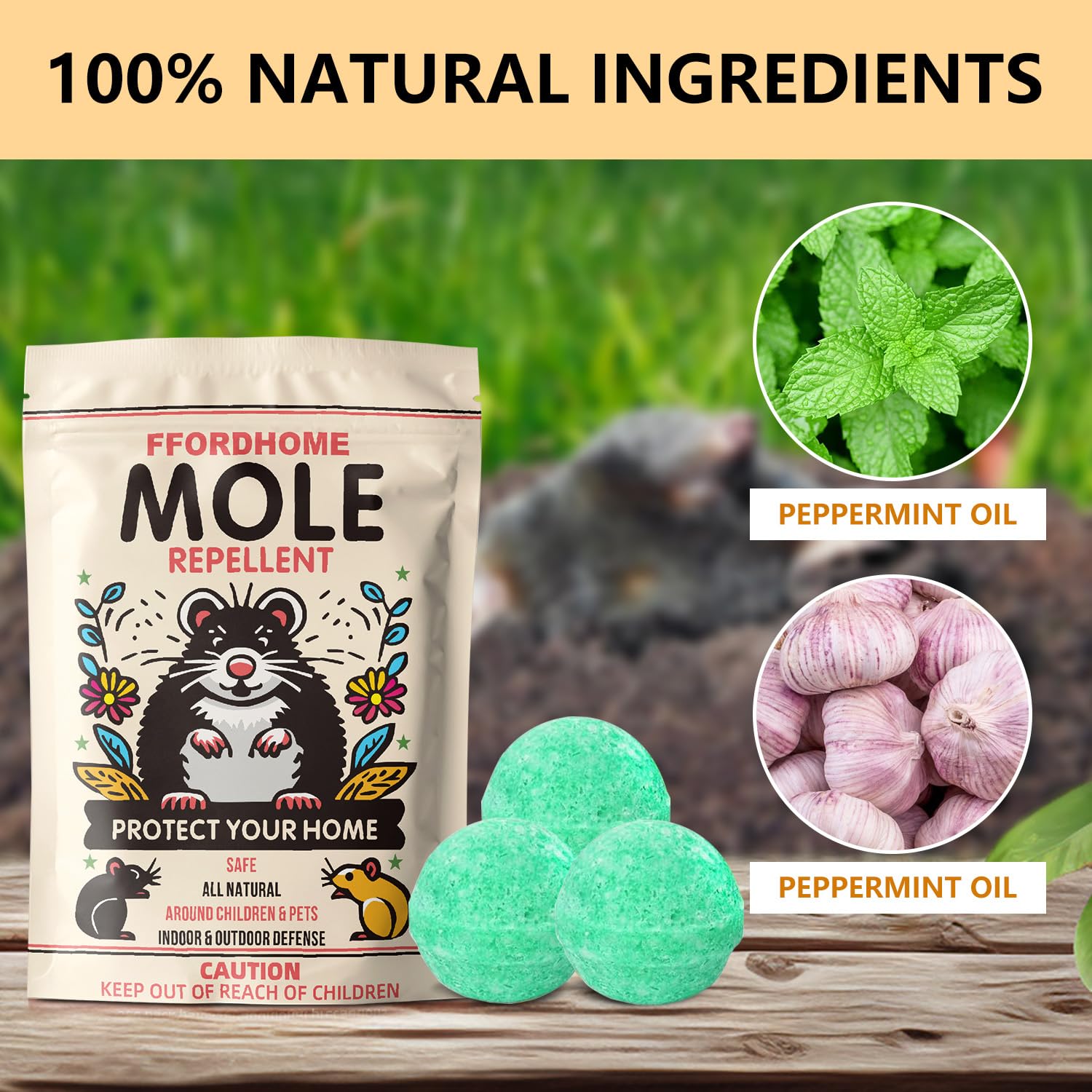 FfordHome Mole Repellent bottle ready to use for easy application.
