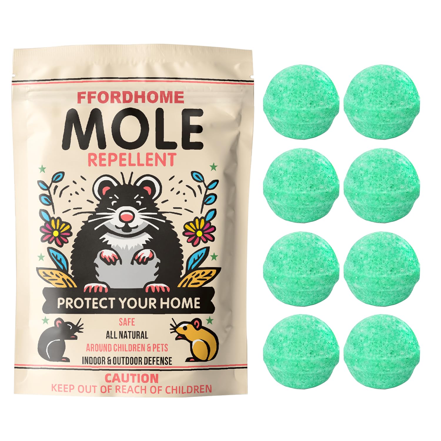 FfordHome Mole Repellent packaging ready for safe lawn protection.
