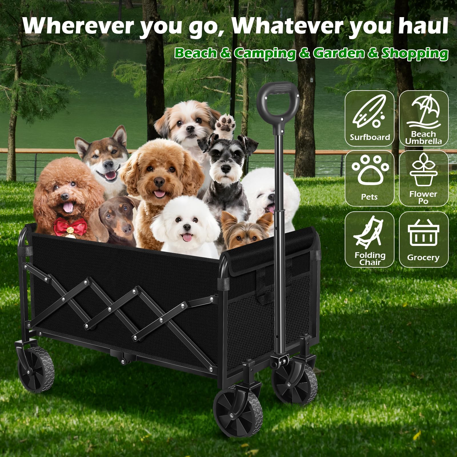 FFQ collapsible wagon with 360 swivel wheels crossing sand and grass