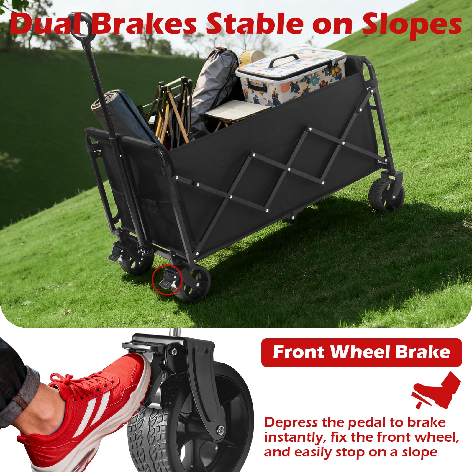 FFQ Collapsible Wagon all-terrain wheels glide on sand and grass.