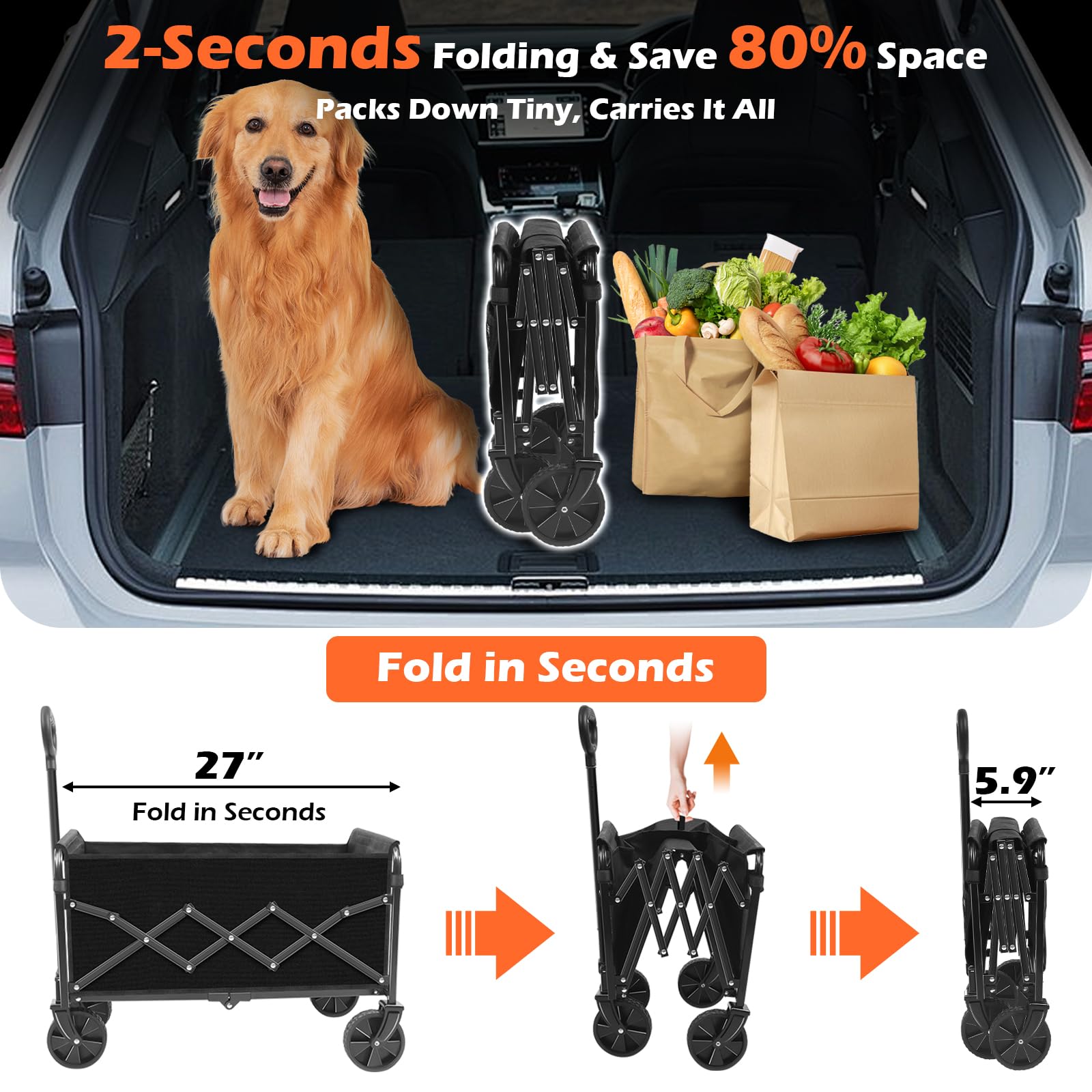 FFQ Wagons Foldable Cart heavy-duty frame supports 360 lbs for tools and gear