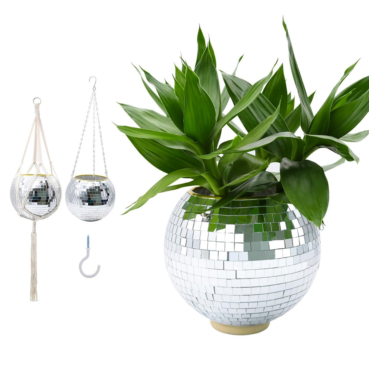 FGBNM 8-inch silver disco ball planter hanging display brightens indoor spaces