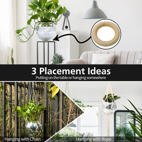 FGBNM disco ball planter with hanging chain allows adjustable placement and airy display.