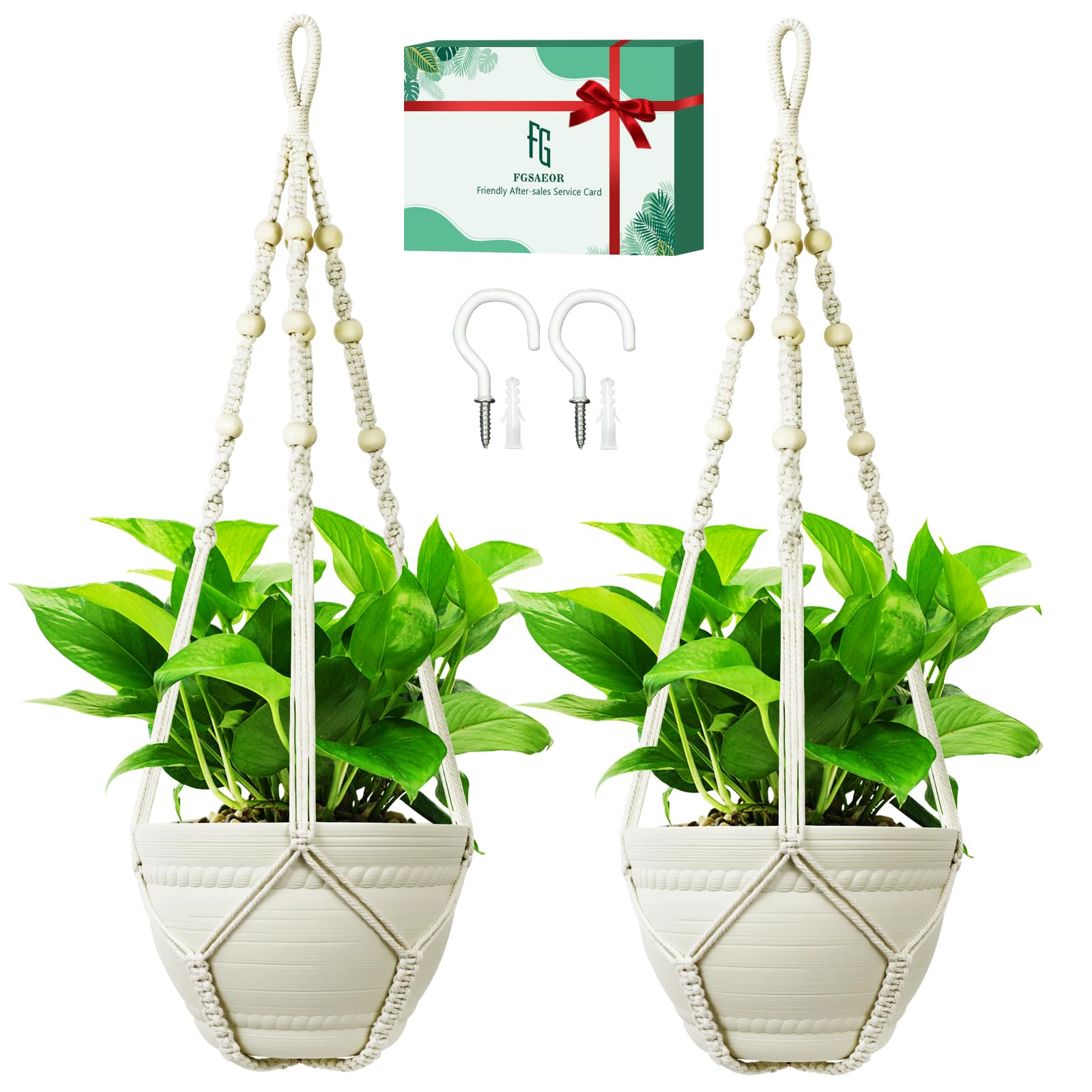 FGSAEOR macrame plant holder in ivory, 35inch length, ideal for stylish indoor plant displays.