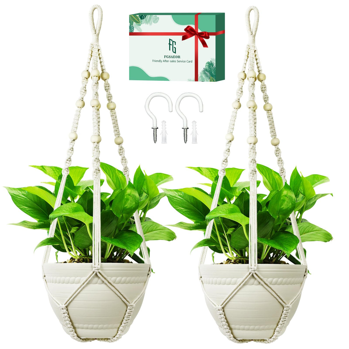 FGSAEOR macrame plant holder in ivory, 35inch length, ideal for stylish indoor plant displays.
