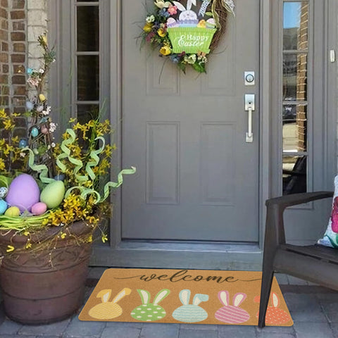 FGSS Easter Bunny Welcome Doormat on the porch, showcasing colorful eggs for seasonal curb appeal.