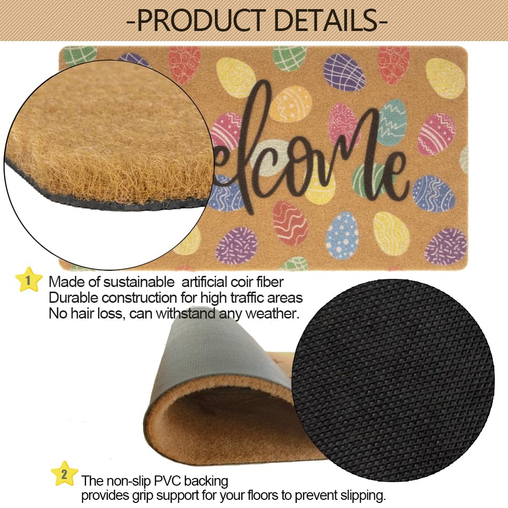 FGSS Easter coir doormat shows dirt-trapping capacity for outdoor use.