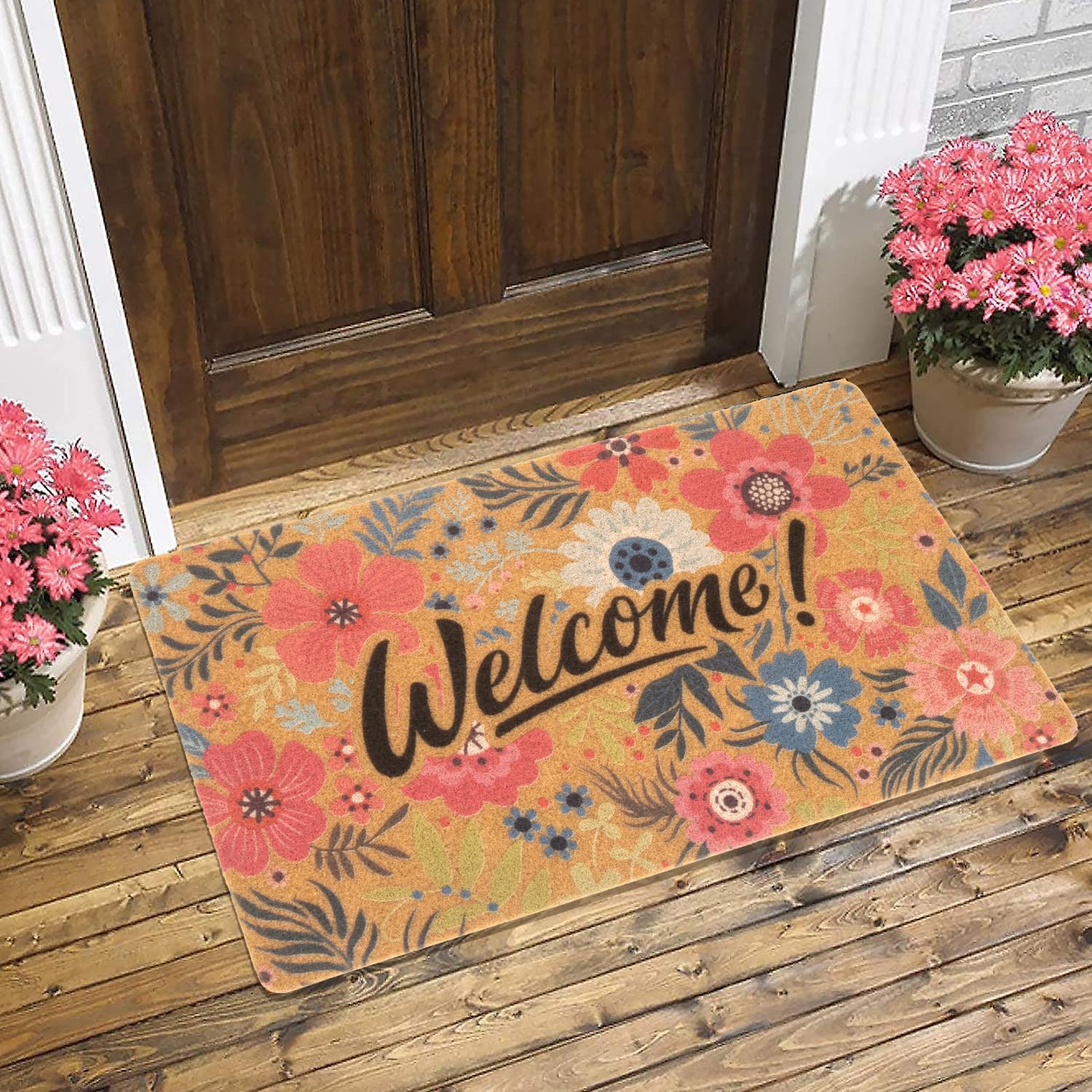 FGSS Flower Welcome Doormat with non-slip backing for safer entry on smooth floors.