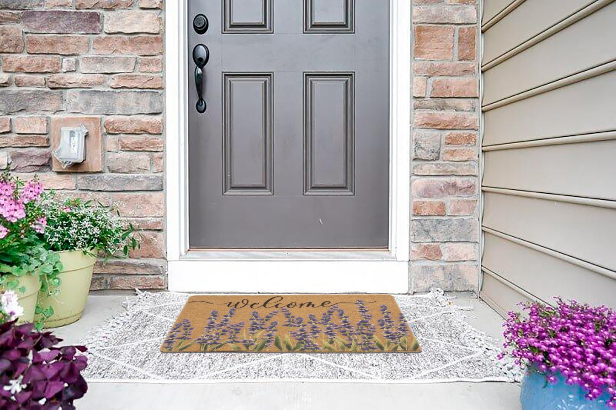 FGSS Lavender Welcome Doormat suitable for indoor and outdoor use in a porch setting