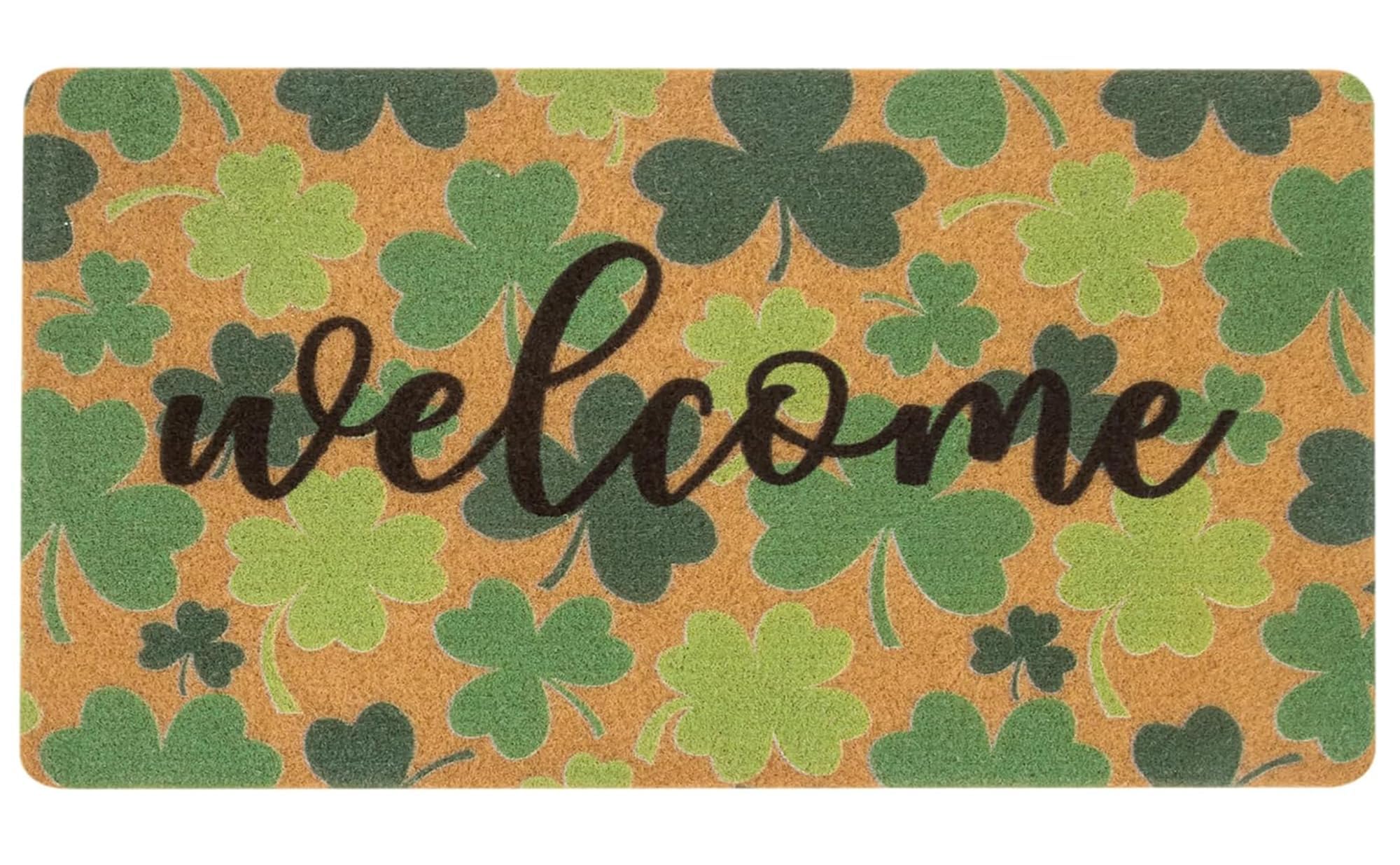 FGSS St. Patrick's welcome doormat with shamrocks; adds festive curb appeal and protects entryway floors.