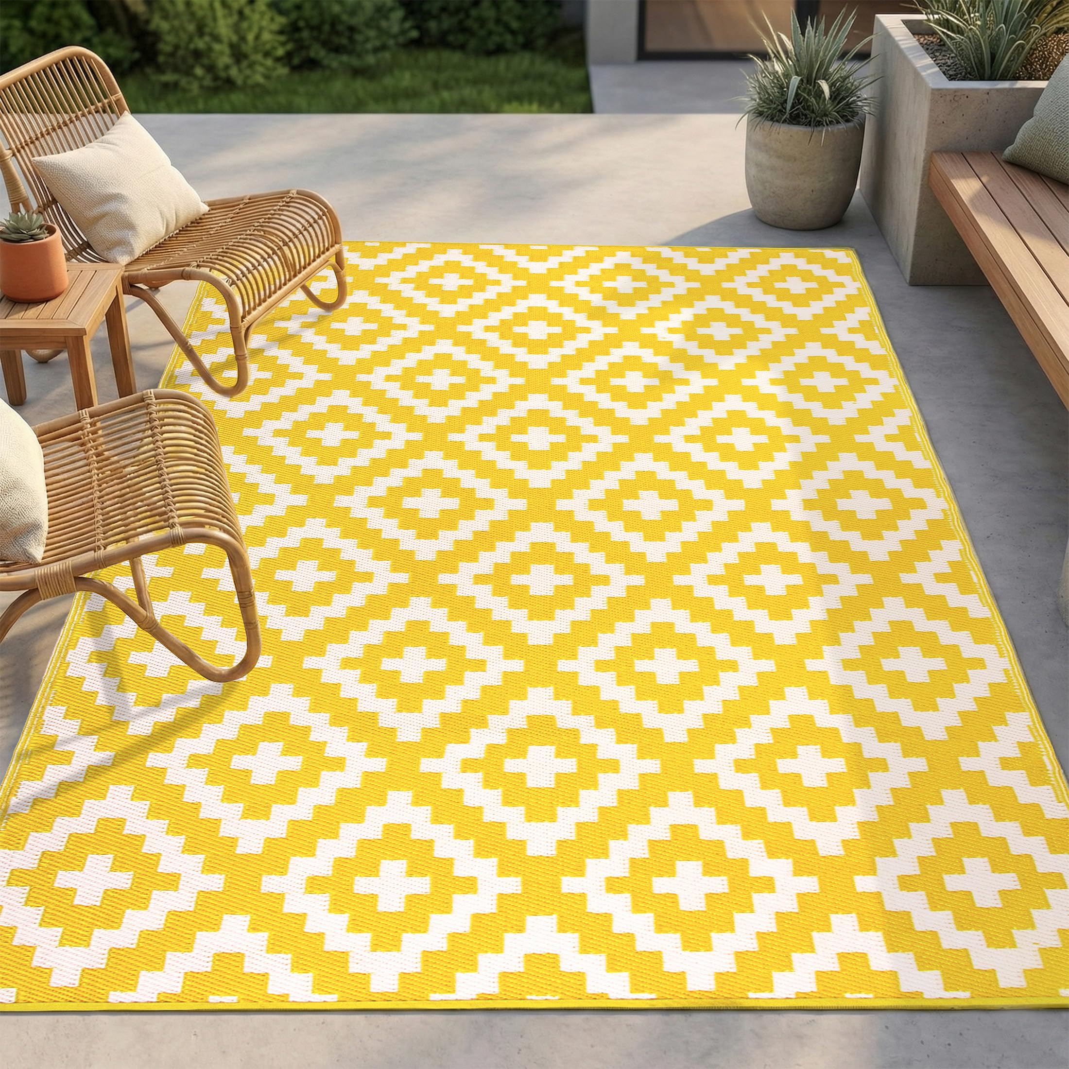 FH Home Aztec yellow and white outdoor rug 3x5, waterproof and fade resistant.