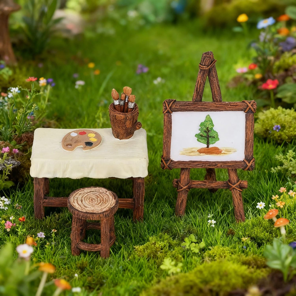 FHNQRQN Fairy Studio Easel showcases artisan-detail miniatures for outdoor displays.