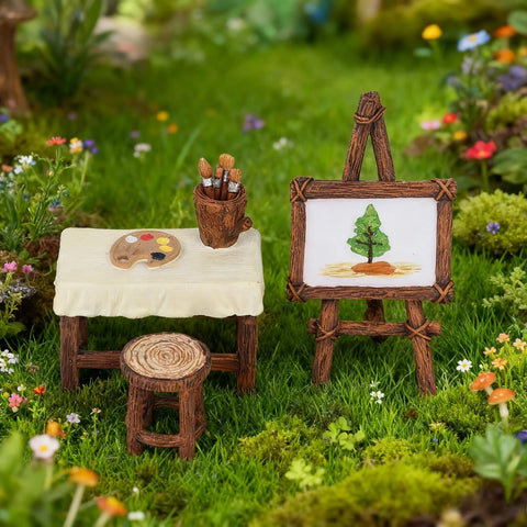 FHNQRQN Fairy Studio Easel showcases artisan-detail miniatures for outdoor displays.