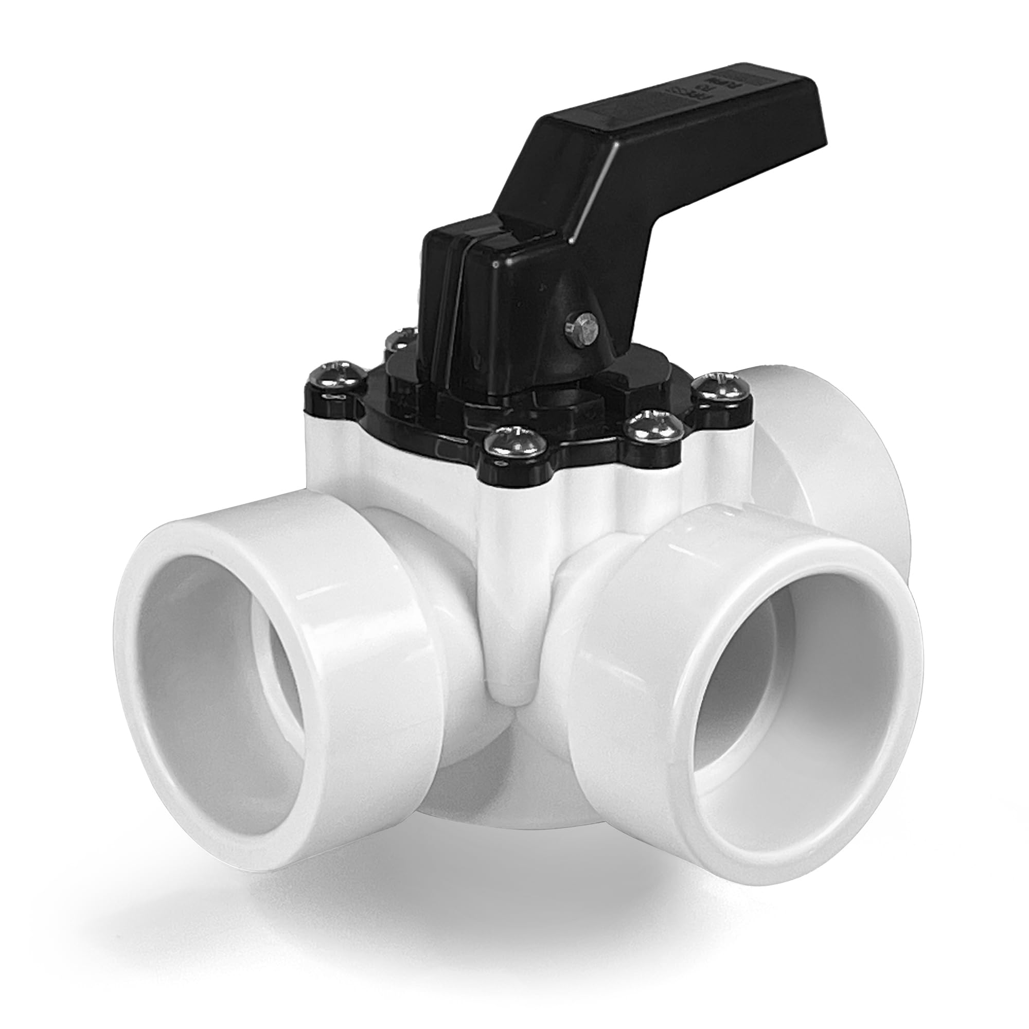 FibroPool 3-way diverter valve side view with adjustable flow control for pools