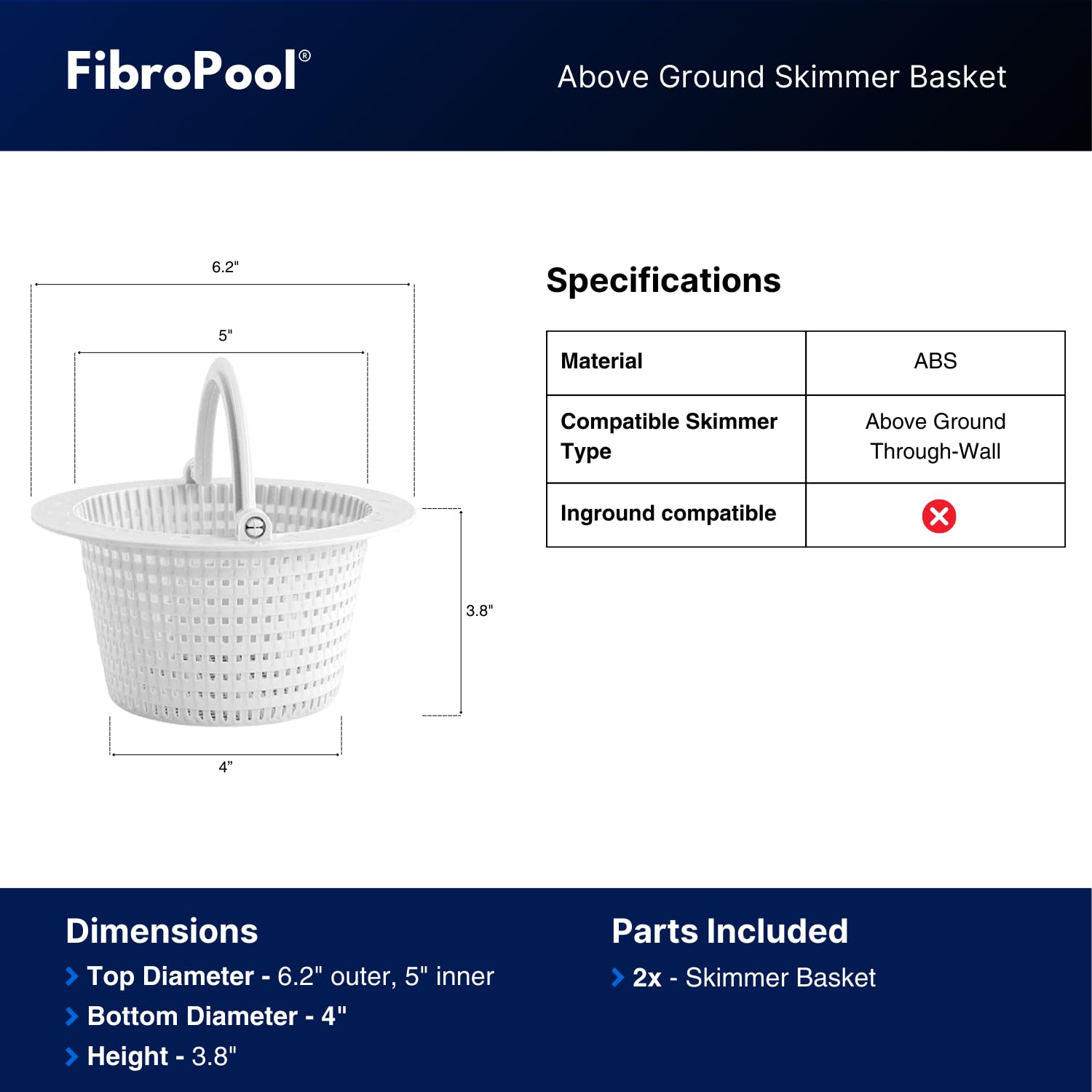 FibroPool through-wall skimmer basket close-up showing pivoting handle and sturdy design