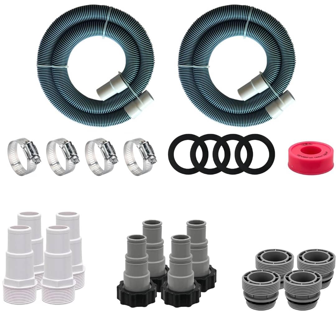 FibroPool universal hose install kit contents with adapters and clamps for quick pool setup.