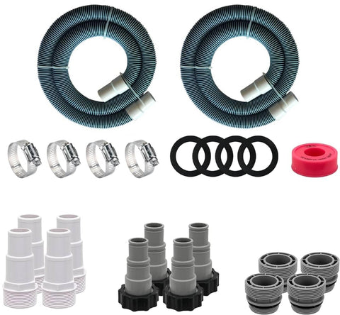 FibroPool universal hose install kit contents with adapters and clamps for quick pool setup.