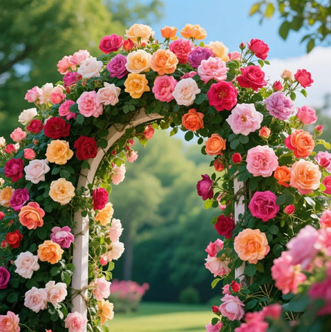 Ficoszo climbing rose seeds with mixed colors for red pink yellow and white blooms.