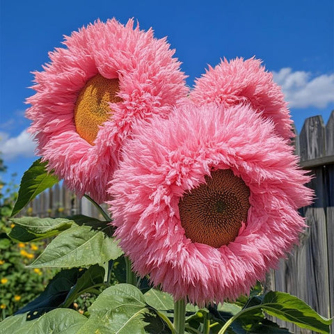 Bees and butterflies visit Ficoszo Teddy Bear sunflowers in bloom