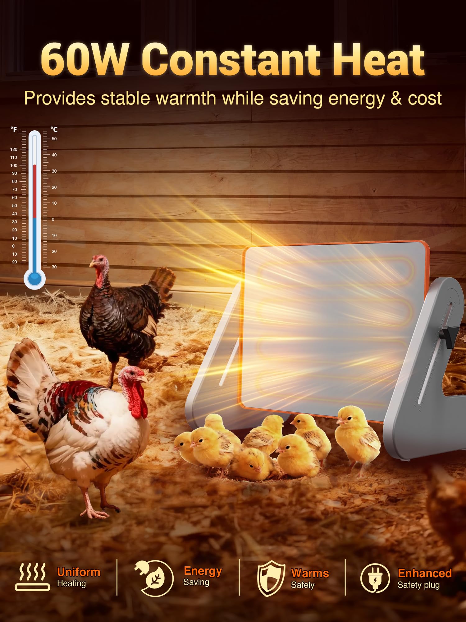 Easy-clean surface on the Ficuswin heater keeps the coop tidy.