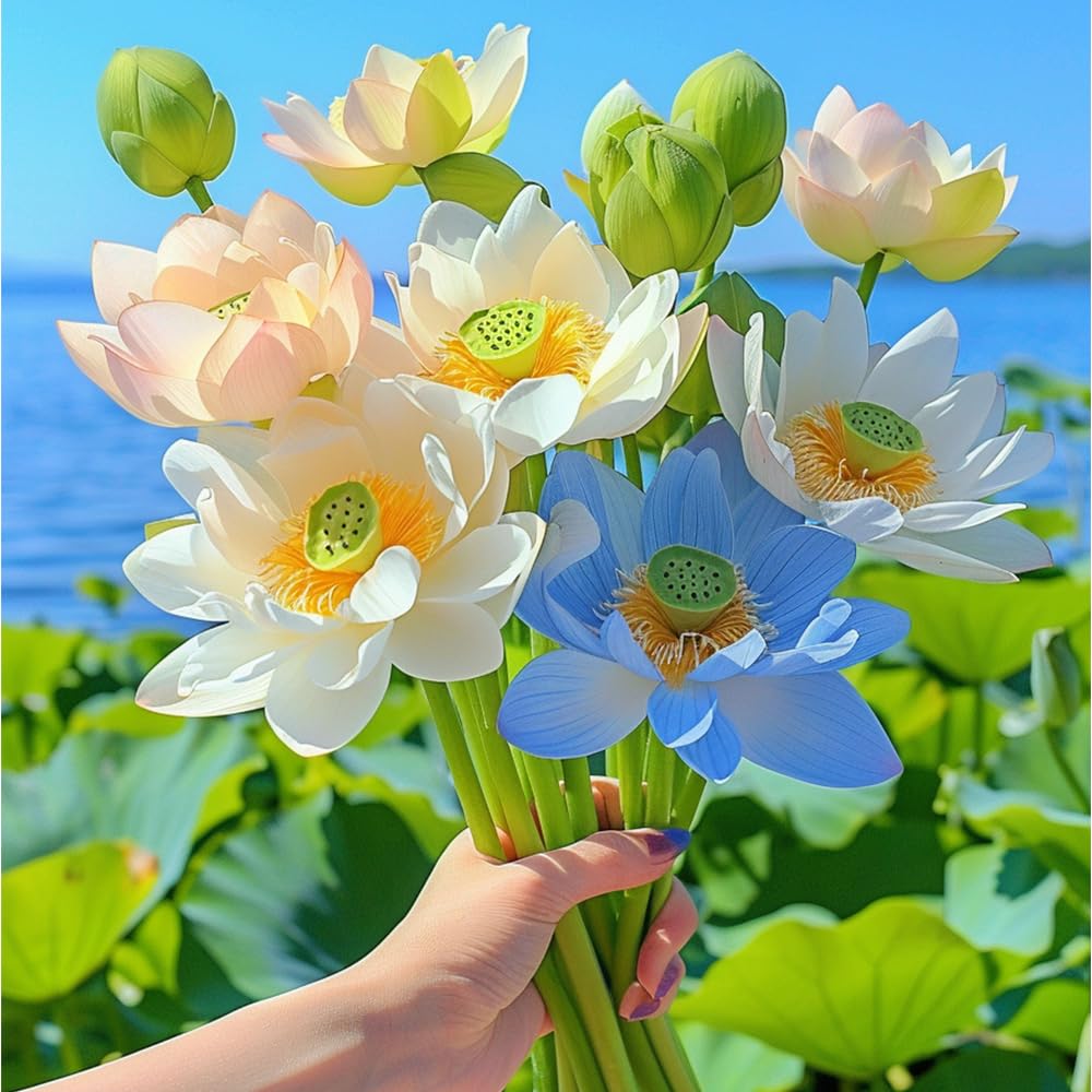 Colorful lotus flowers in pink, white, and yellow brighten ponds and water features.