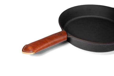 Field Company brown leather handle cover provides heat protection for Field skillet handles.